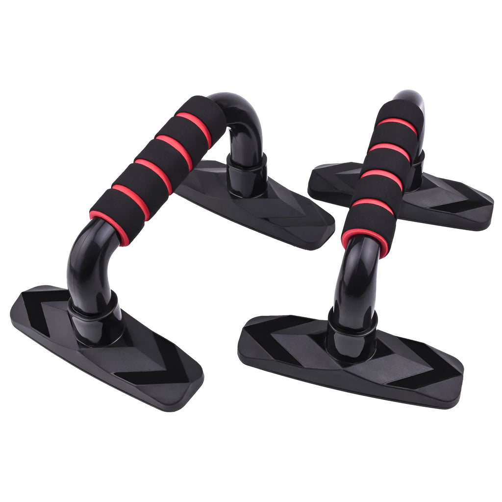 Two I-shaped black push up bars with PP sponge grips on a fitness mat.