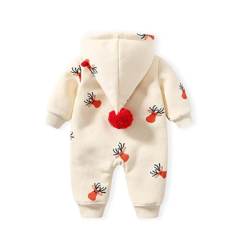 Khaki padded baby crawling clothes with Christmas moose pattern, Korean style one-piece romper
