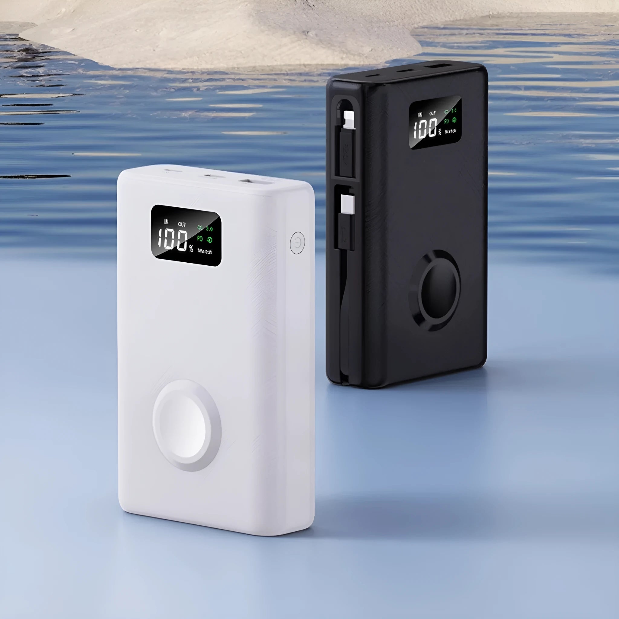 20000mAh wireless charging power bank with display screen and multiple USB ports