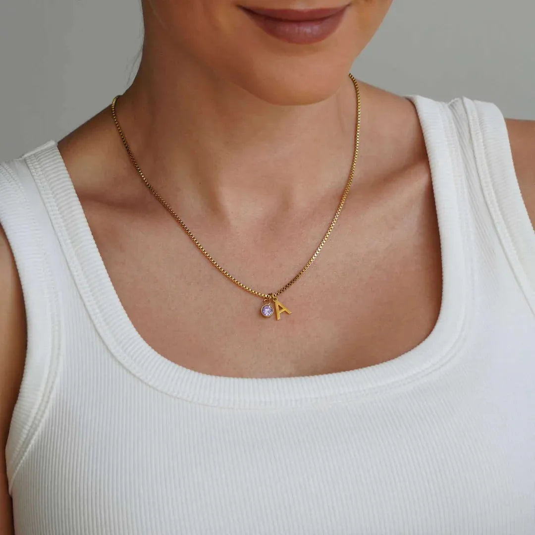 Stainless steel birthstone first letter necklace with O-ring chain, titanium steel pendant, gold or silver finish