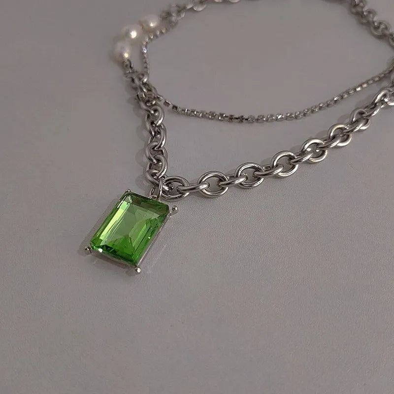 Green square brick stainless steel necklace with artificial crystal geometric pendant and adjustable chain
