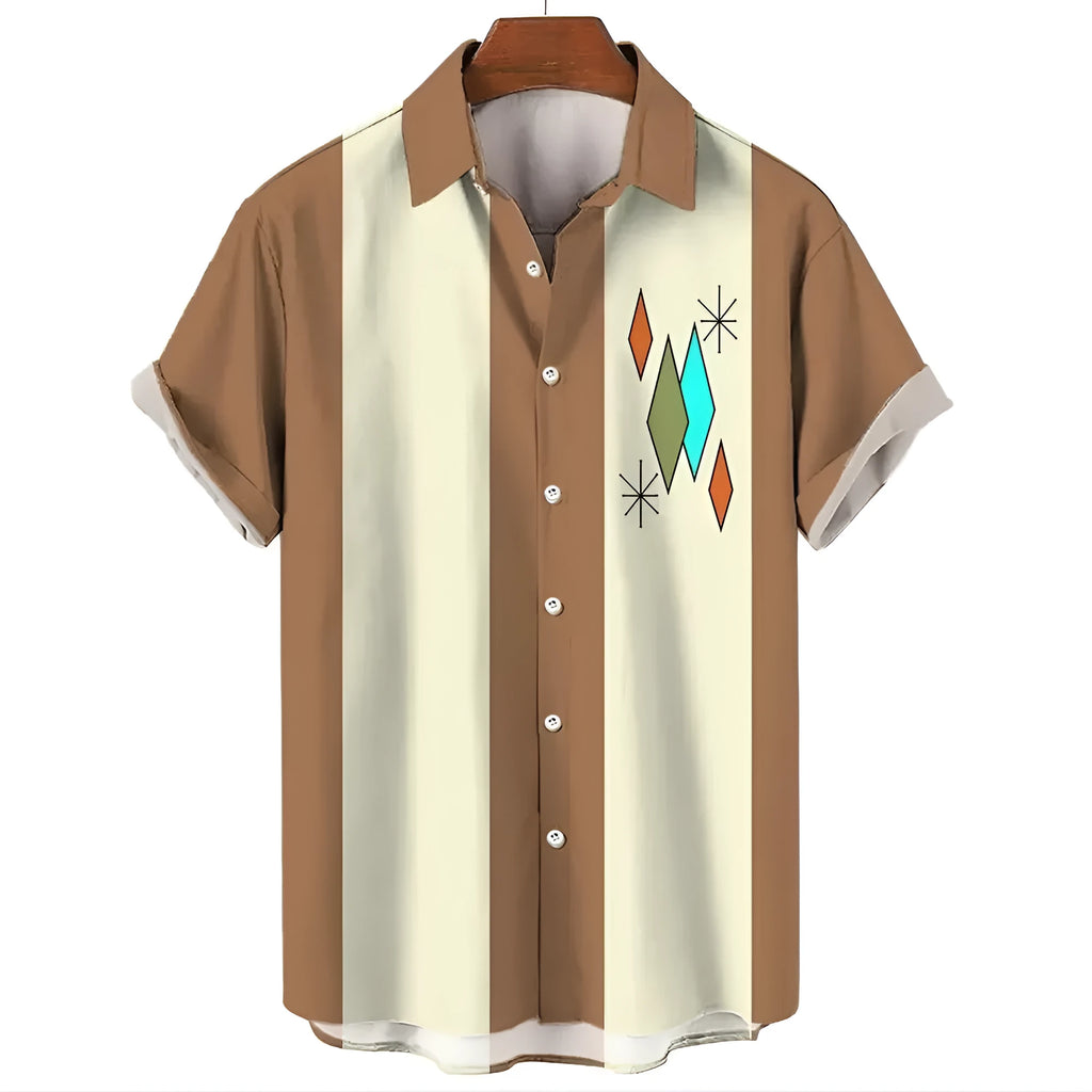 Men's striped Hawaiian casual short sleeve shirt in polyester fabric on a hanger