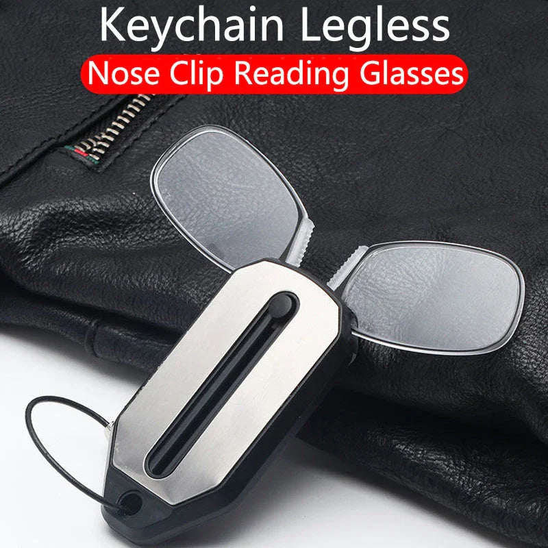 Compact magnetic reading glasses with rimless frames and adjustable nose clip