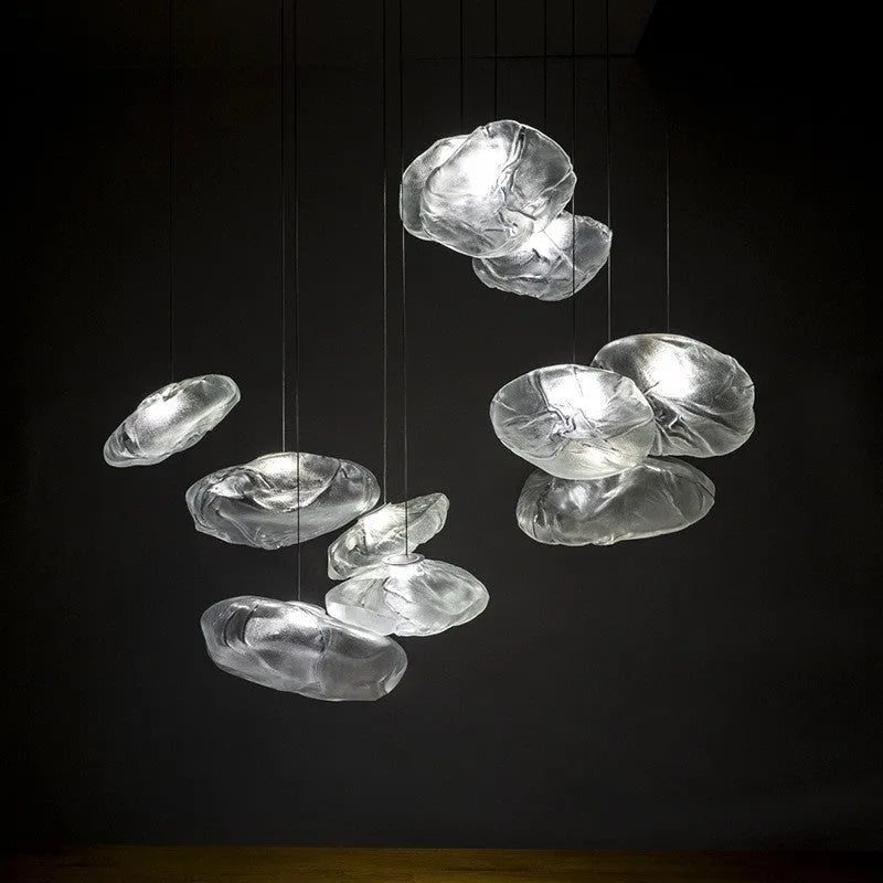 Modern glass chandelier with LED lighting in amber, clear or smoke grey colour options