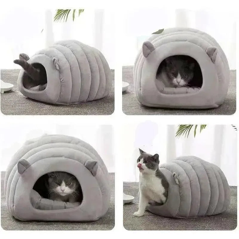 Brown cat bed house 38x42x33cm with white cushion for small pets