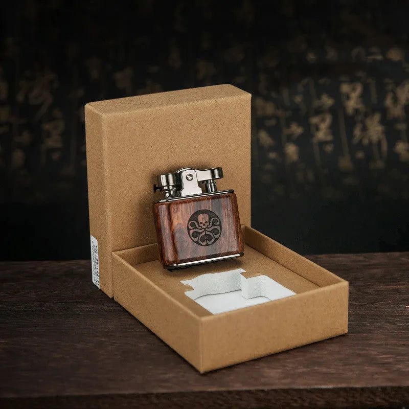 Vintage wooden kerosene lighter with retro cotton oil mechanism, 53x50x20 mm, in gift box