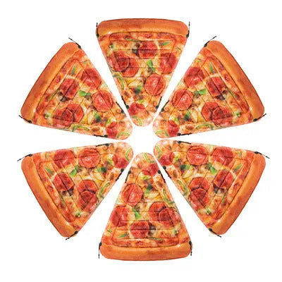 Pizza-themed inflatable surfboard float measuring 175cm by 145cm for pool and beach water recreation