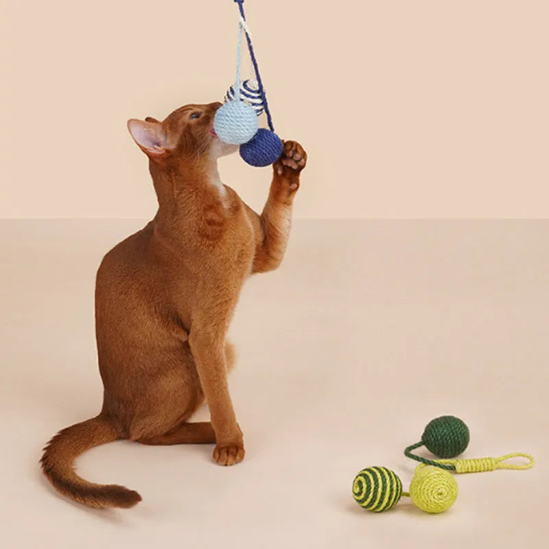 Four-piece cat toy set showing teaser stick and coloured, bite-resistant catnip balls.