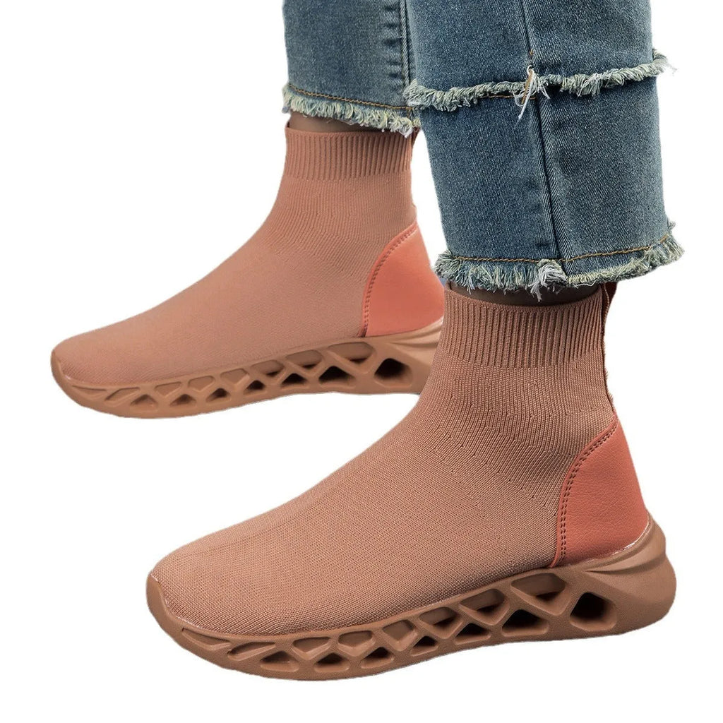 Women's casual mesh slip-on shoes in terracotta colour with round toe and flat sole