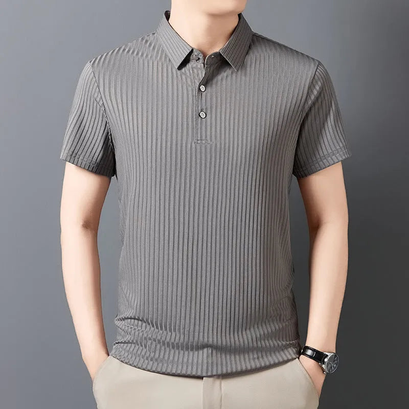 Men's ice silk polo shirt with striped pattern and asymmetric cut-out lapel in light green