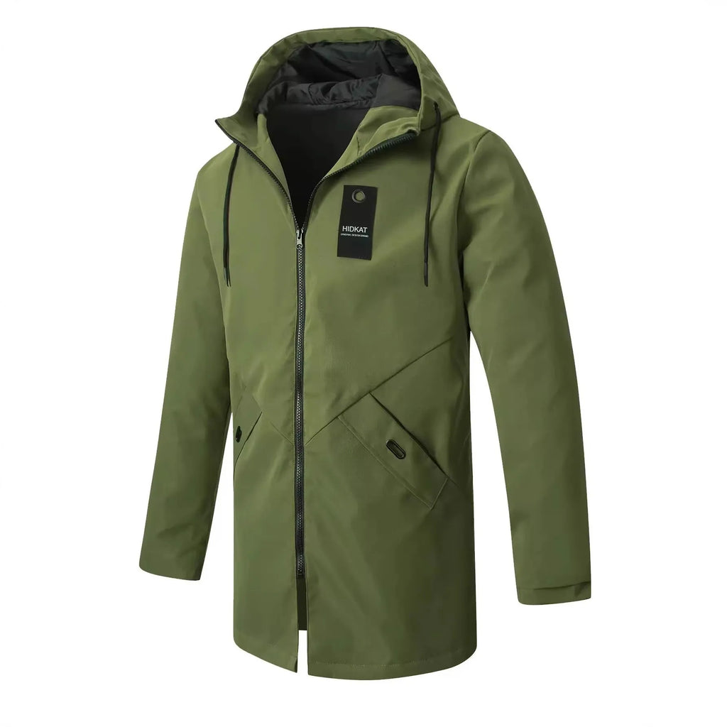 Men's mid-length windproof hooded polyester shell jacket in army green on a model outdoors