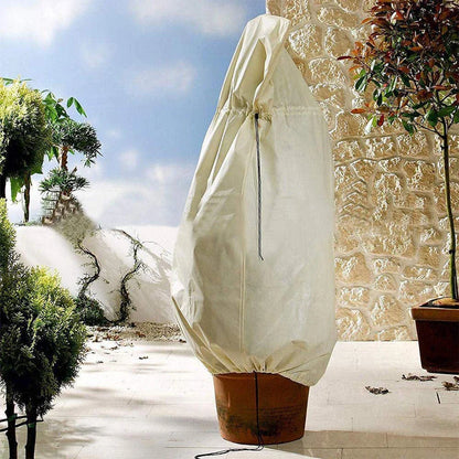 Adjustable, breathable plant cover in beige fabric to protect outdoor plants from winter frost and harsh weather