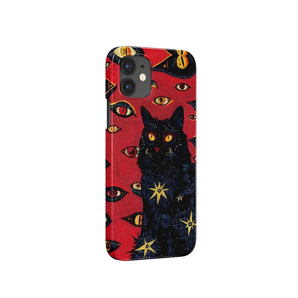Retro cat eye design hard shell phone case for iPhone, shown in glossy and frosted finish options.