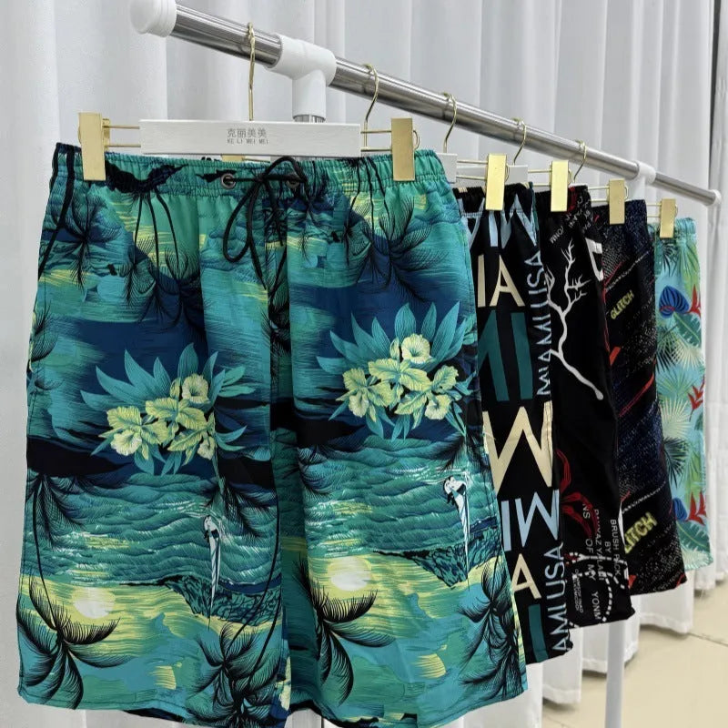 Men's loose ice silk beach pants with stripe and floral print, free size for 55-95kg.