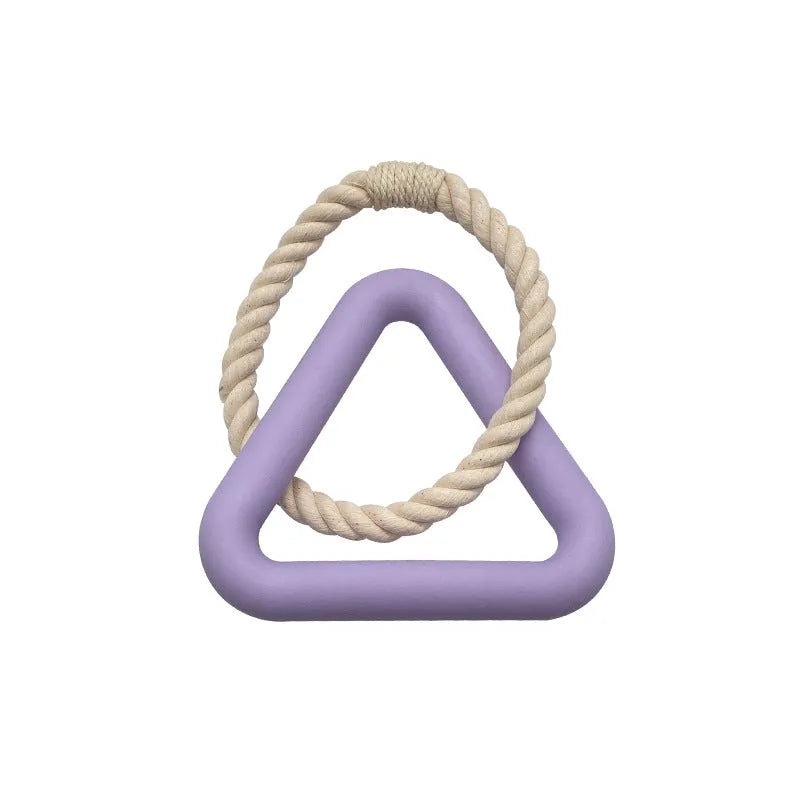 Large triangular cotton rope dog pull ring toy in beige, pink, or purple colours