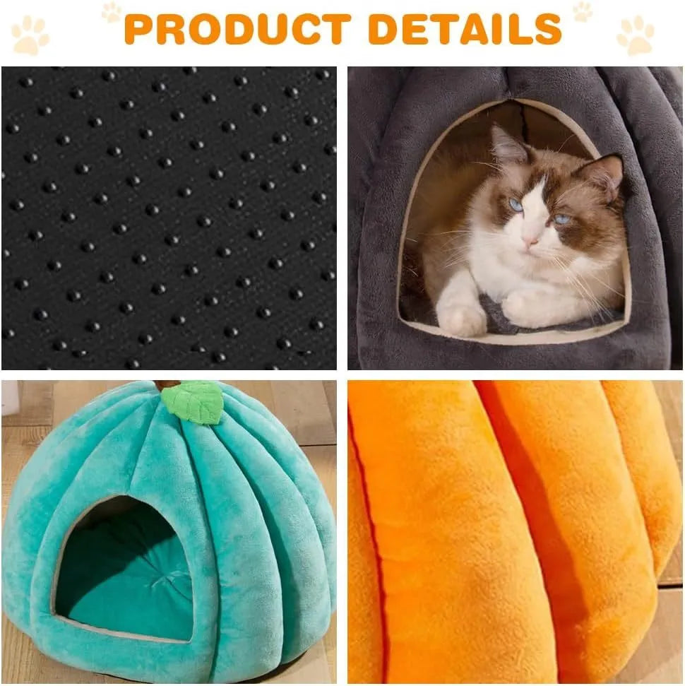 Pumpkin-shaped plush cat cave bed with a round entry hole on a wooden floor.
