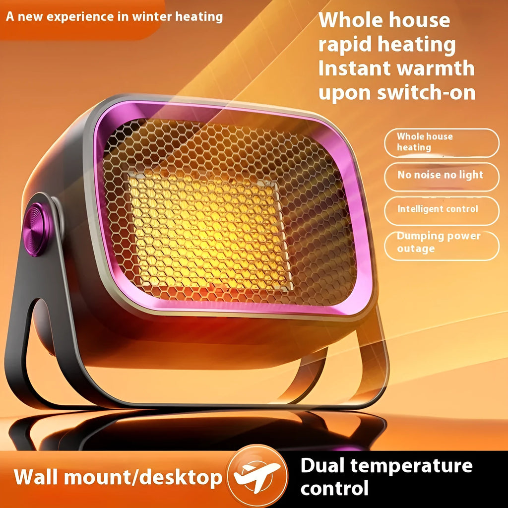 Compact desktop ceramic heater in white, khaki, or gray with rotating body and dual-speed controls