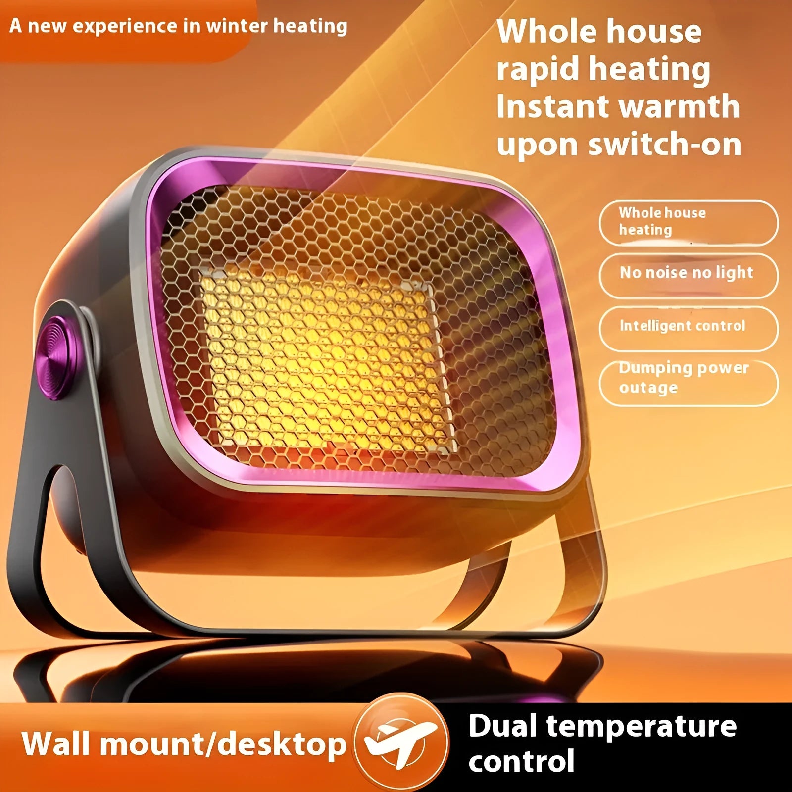 Compact desktop ceramic heater in white, khaki, or gray with rotating body and dual-speed controls