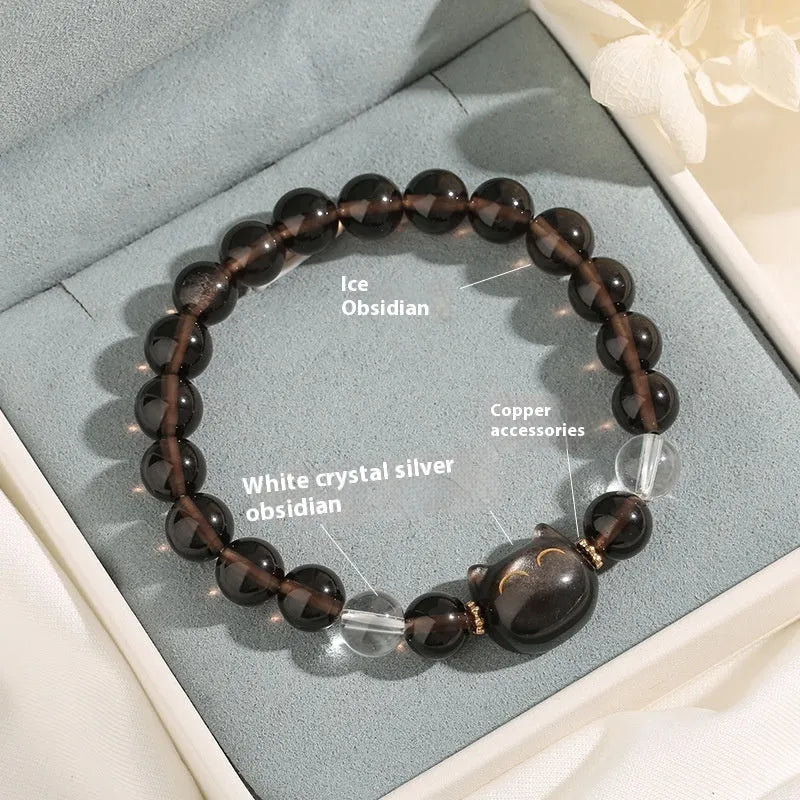 Women's silver tone bracelet with 8mm natural stone and cat head charm