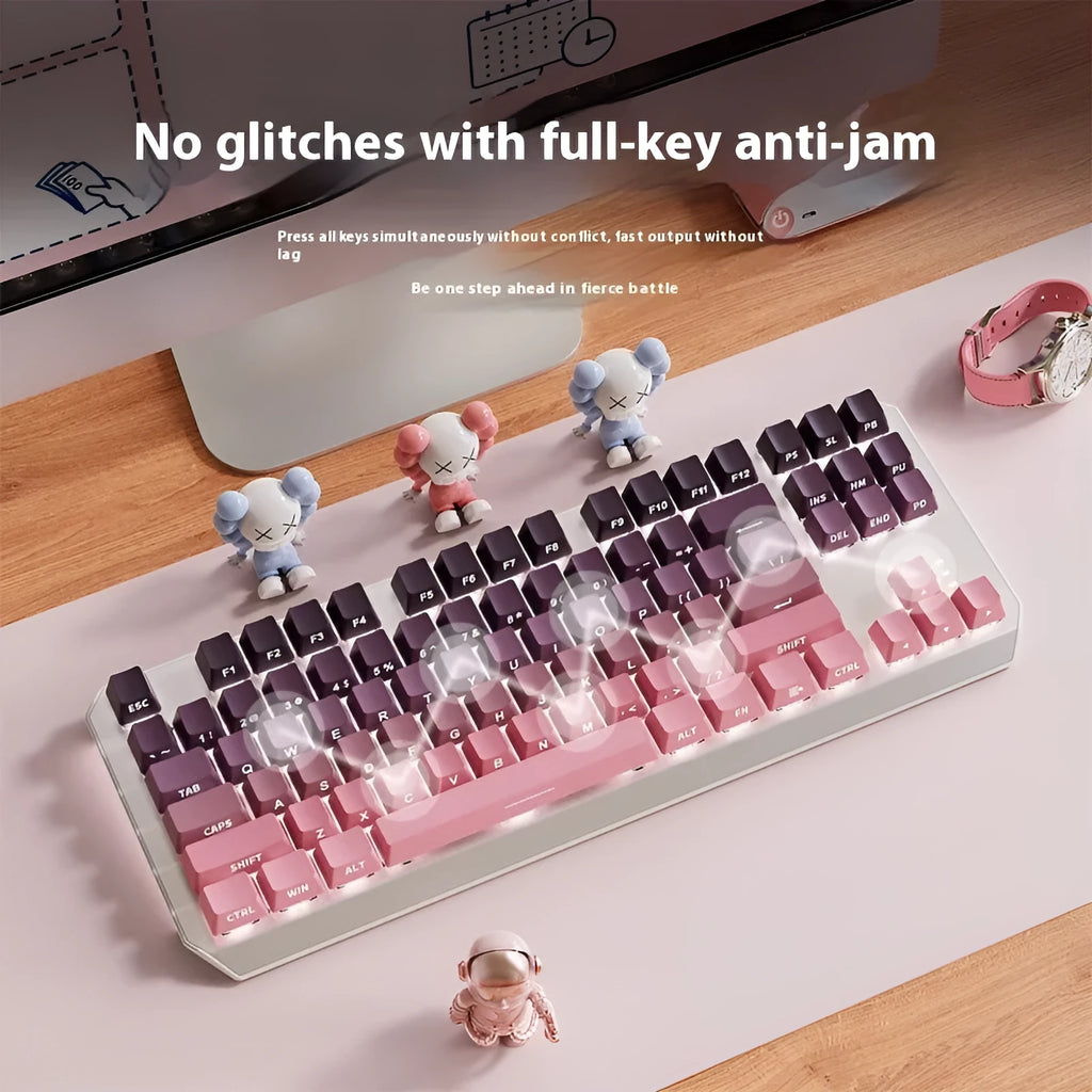 Silver white 87-key wired mechanical keyboard with side-engraved keycaps and white backlighting
