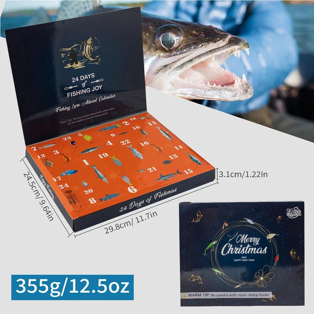 Mino Bog 24-piece Christmas fishing lure blind box set with metal lures and tackle box.