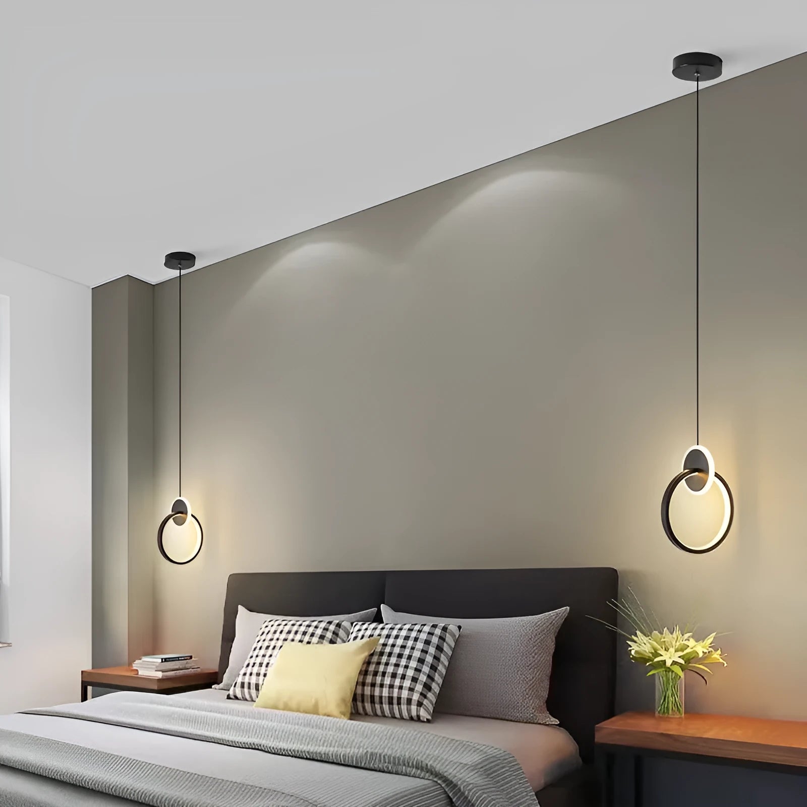 Nordic double ring pendant lamp in black with adjustable height for bedroom lighting