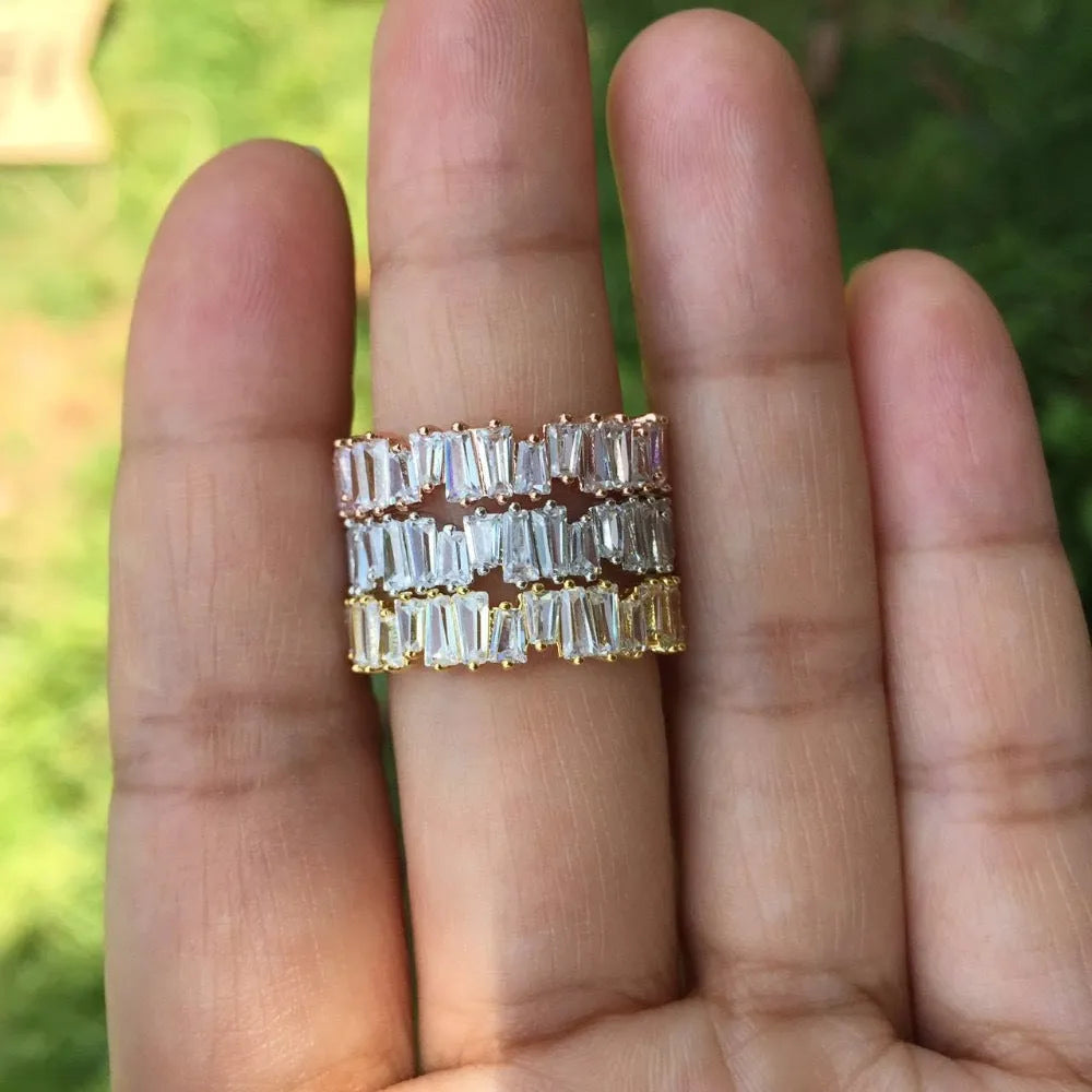 Women's copper ring with micro inlay AAA zircon, geometric shape, white gold plated finish