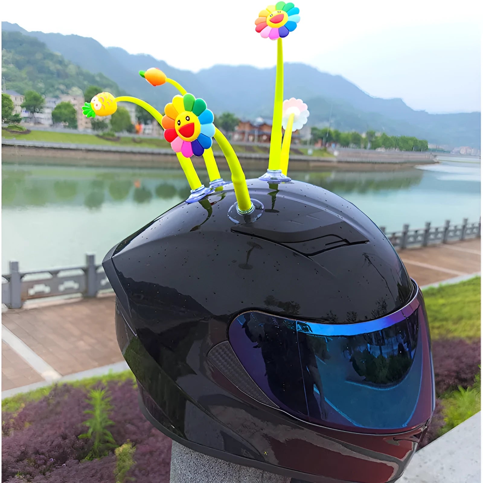 Yellow silicone sunflower helmet decoration with suction cup base