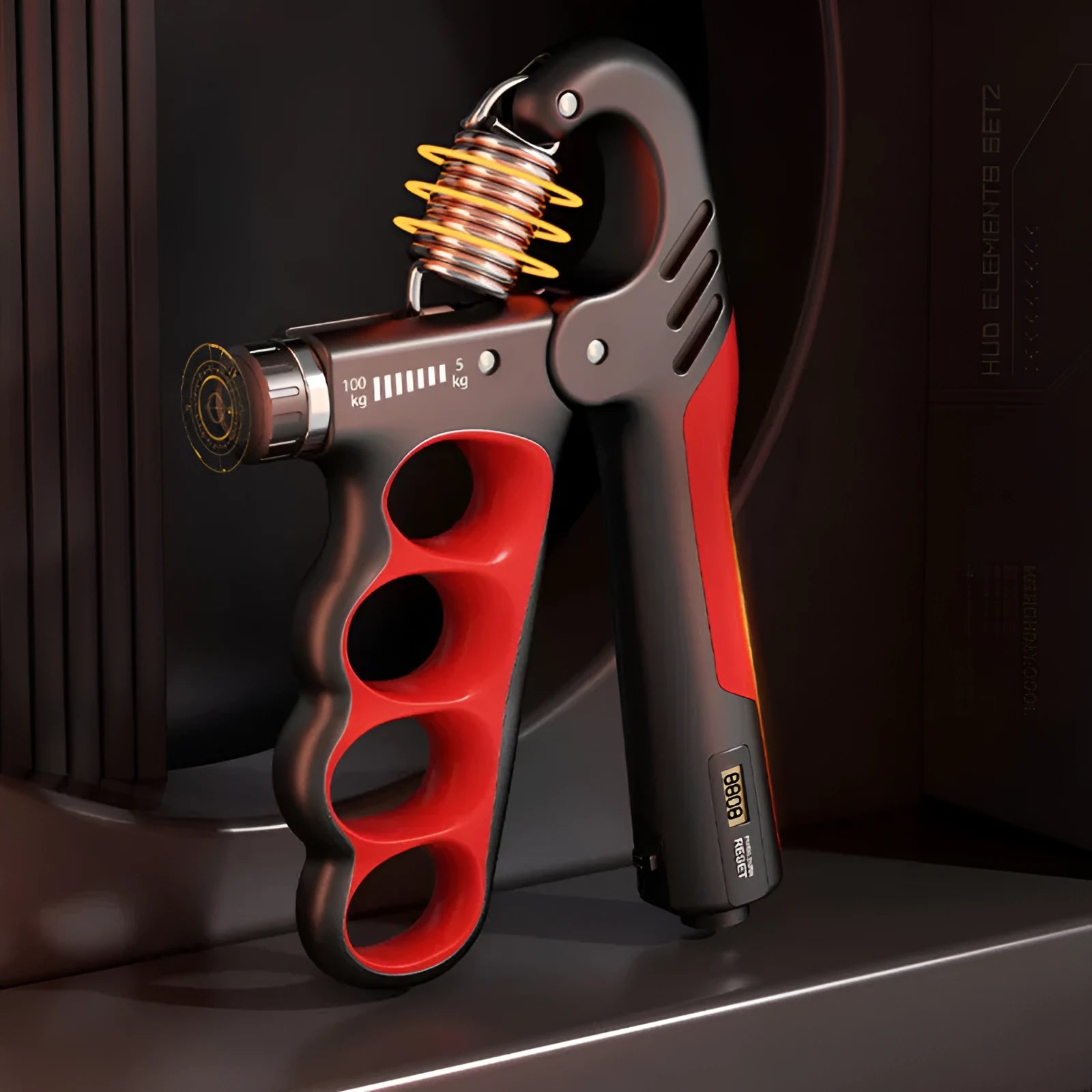 Electronic spring grip with digital counter display in orange, red, or grey colours