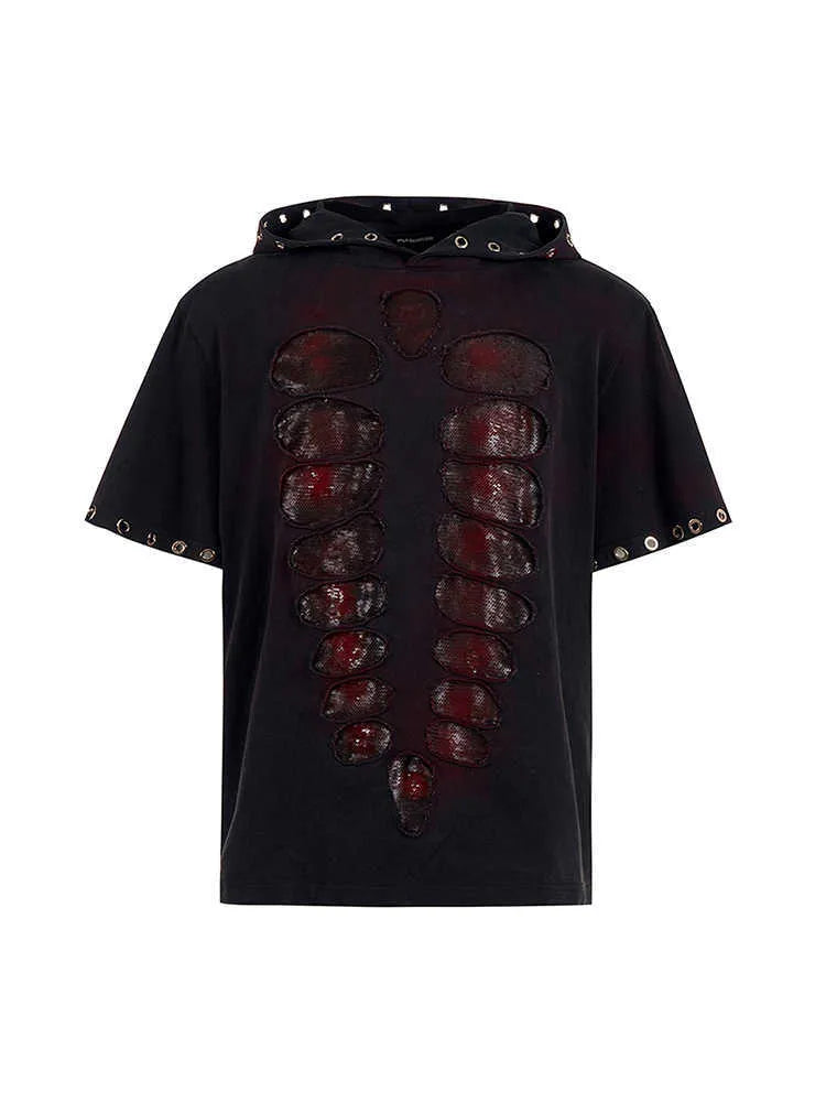Black men's hooded sequin T-shirt loose fit short sleeves