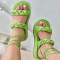 Strappy sandals candy colour woven PU flats with back lace-up and fish mouth open toe