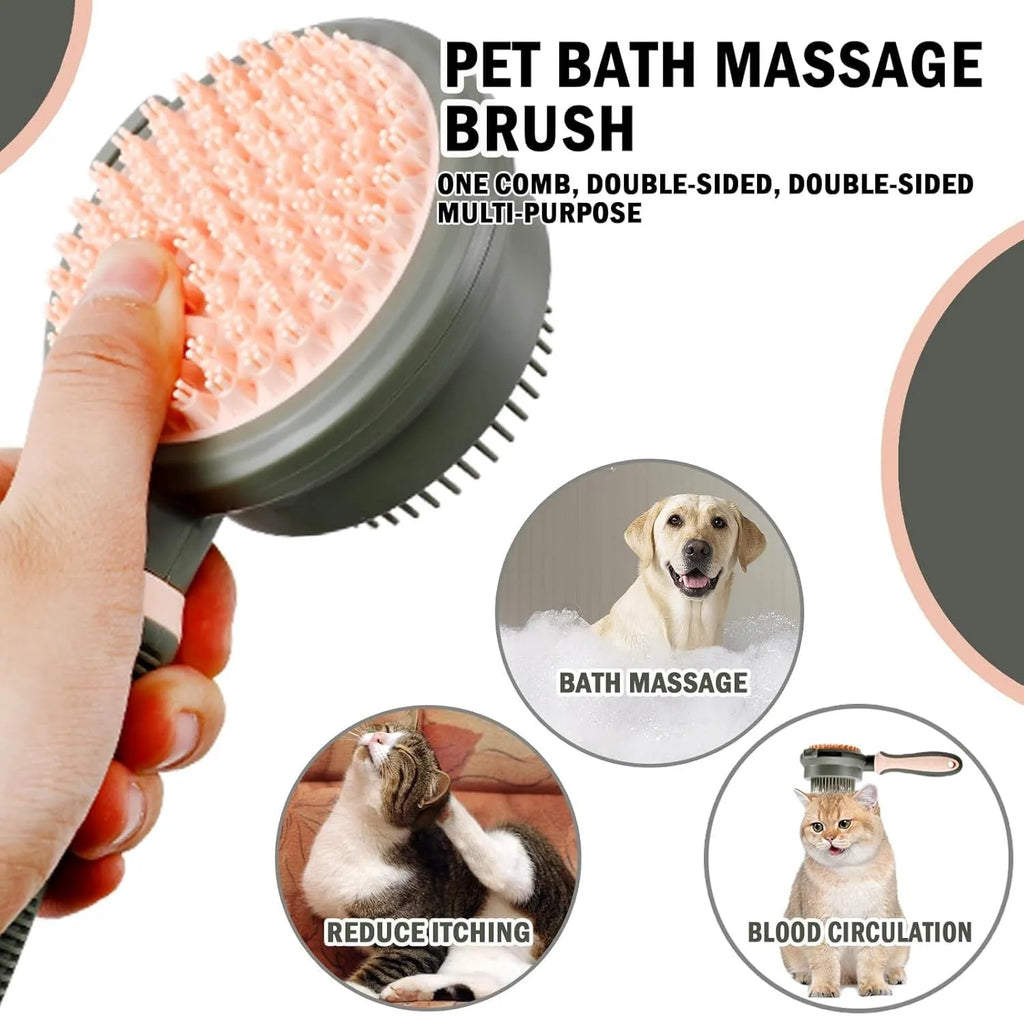 Green and pink double-sided cat grooming brush with plastic bristles, rubber massage pins, release button, and flea comb