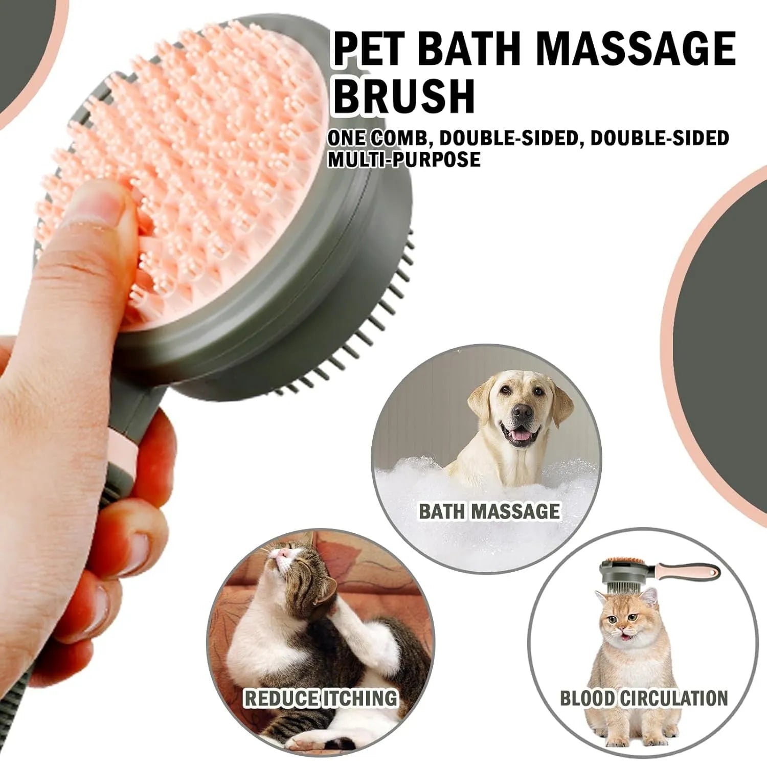 Green and pink double-sided cat grooming brush with plastic bristles, rubber massage pins, release button, and flea comb