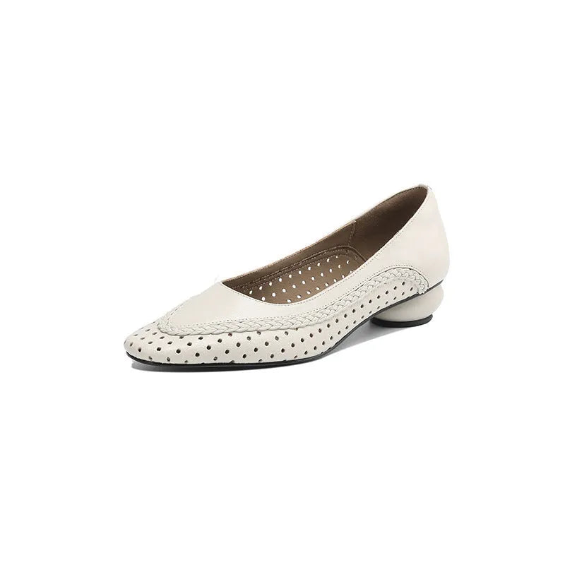 Women's light blue hollow-out mid heel sandals with round toe and sheepskin upper