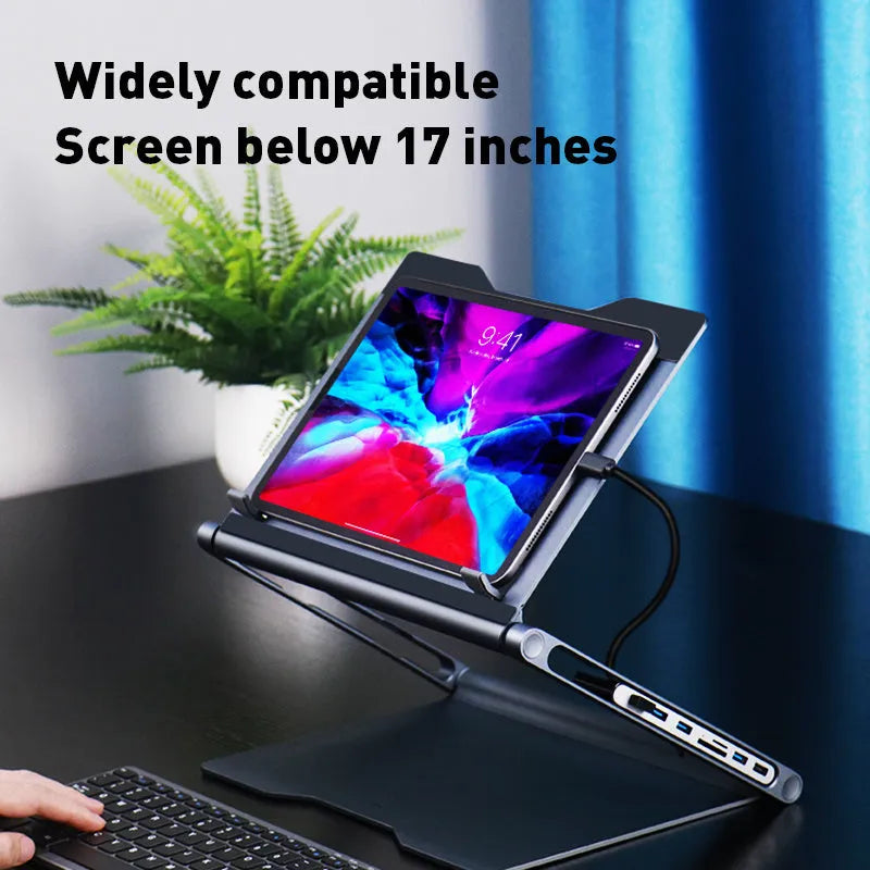 Aluminium alloy laptop stand in deep space grey with cave-type design and optional 8-in-1 docking station