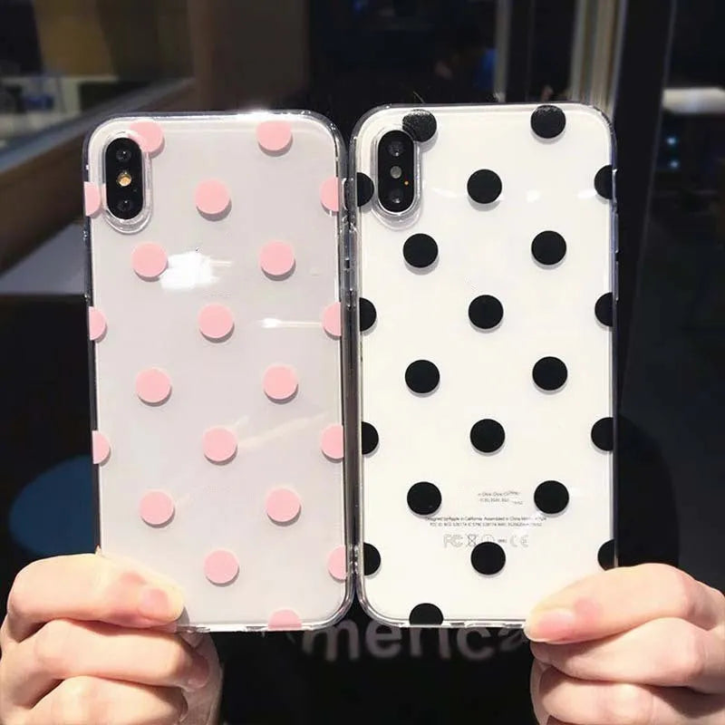 Dot mobile phone case in black or pink with wave point pattern, TPU back cover for iPhone models.