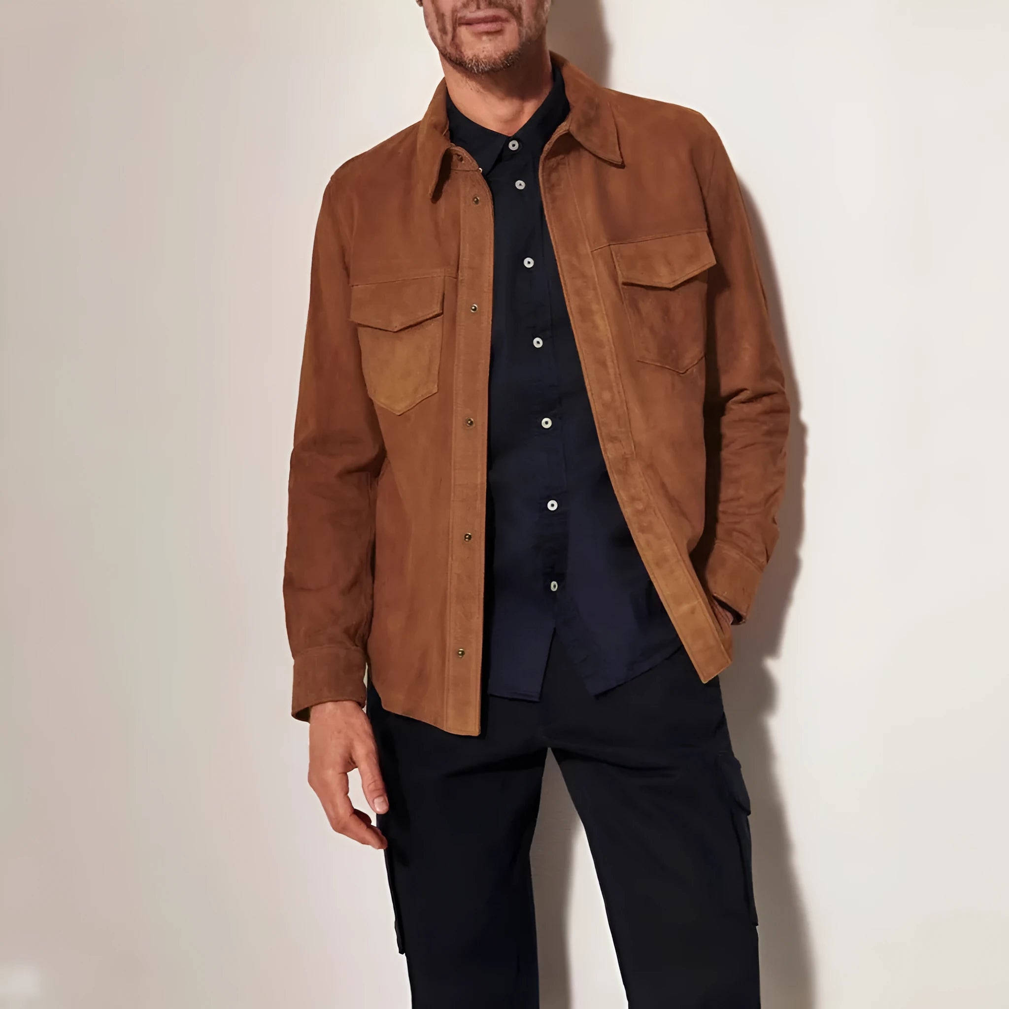 Noah suede shirt jacket men's coat in brown, red, and green polyester fibre regular fit