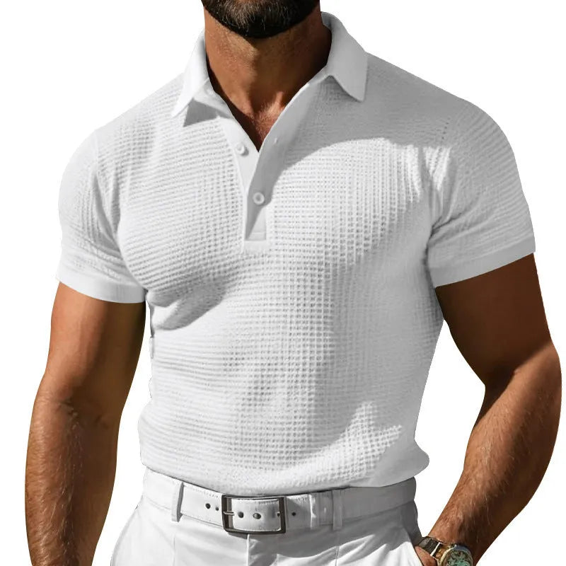 Men's solid colour button waffle T-shirt in slim fit, polyester leisure top, sizes S-XXXL, six colours