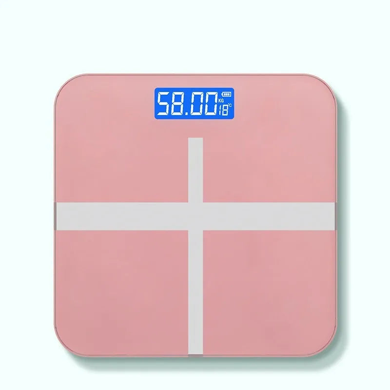 Electronic body weight scale with digital display in black, rose red or white finish.