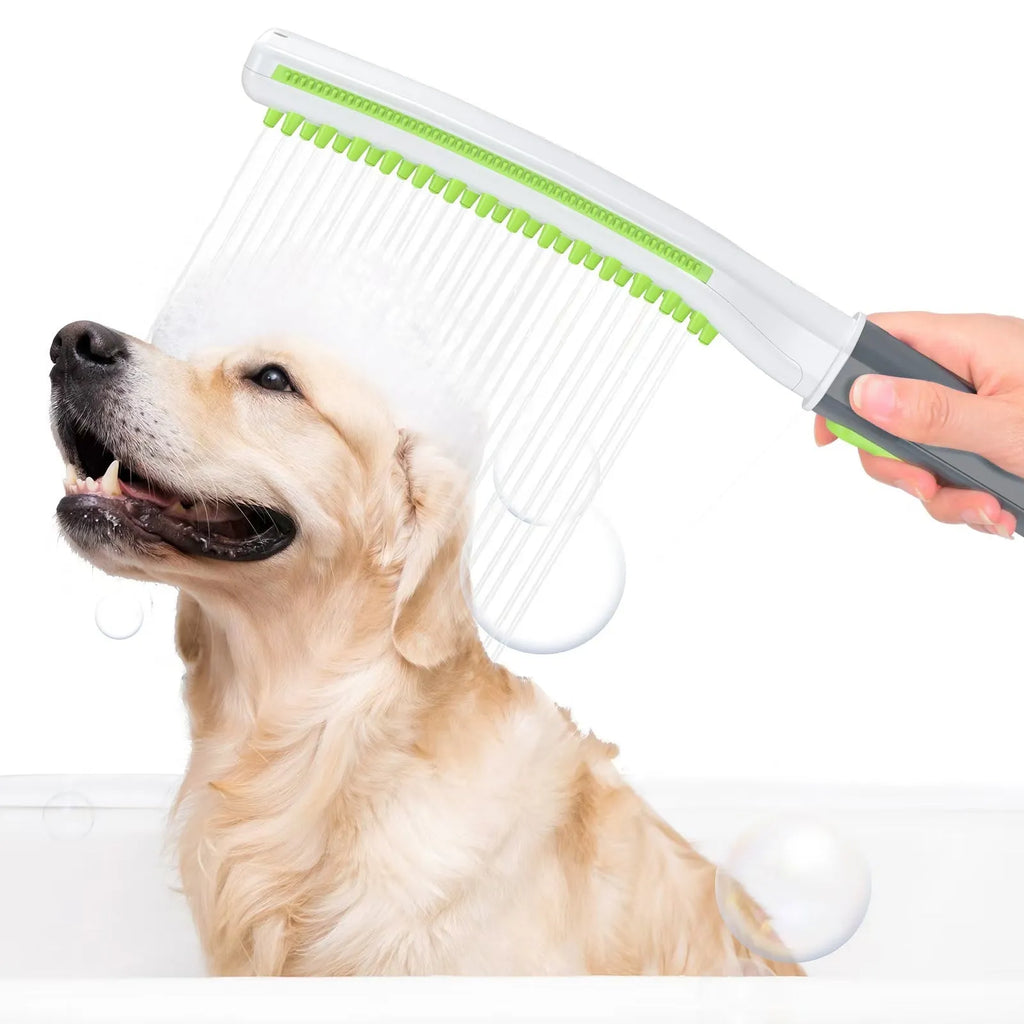 Dog bathing brush showerhead with ABS handle, shown in five colour options including green and white and blue and gray.