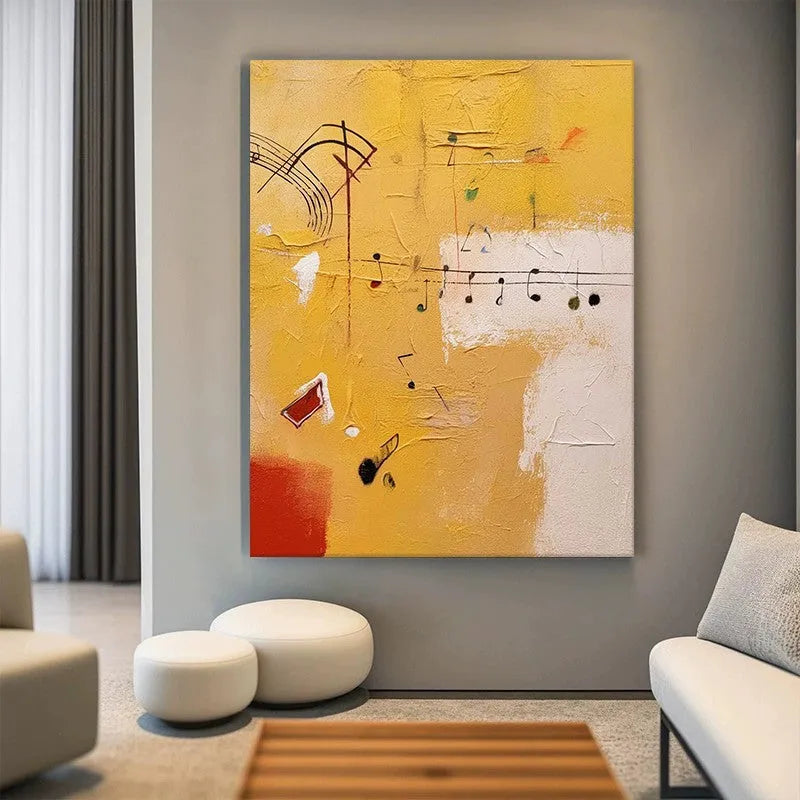 Hand painted musical abstract orange oil painting on canvas, frameless rolled wall art for living room decor