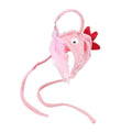 Grey head-mounted cat toy with feather and big-eye fish attachments on adjustable elastic band