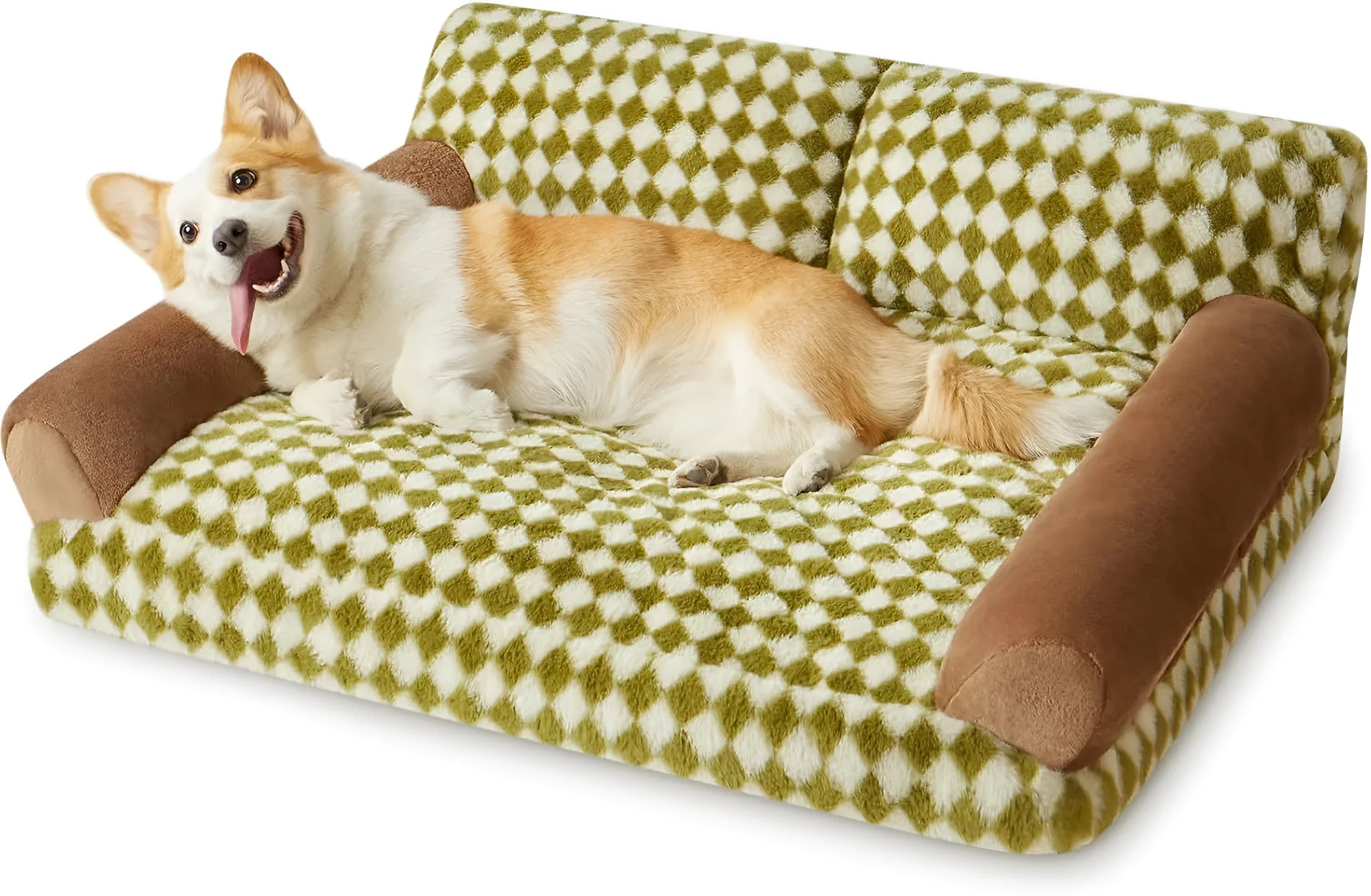Small grey and white checkered pet sofa bed for a cat, showing non-slip bottom and removable cover.