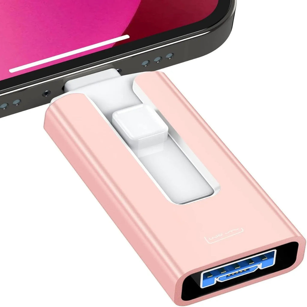 Multifunctional thumb drive in silver metal shell showing Lightning, USB, and OTG connectors with push-pull mechanism
