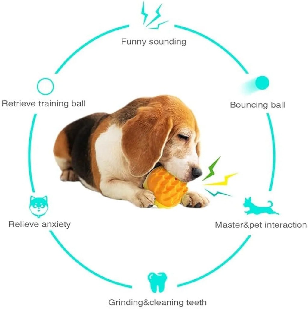 Blue squeaky dog ball toy with dental cleaning bumps and irregular texture for aggressive chewers