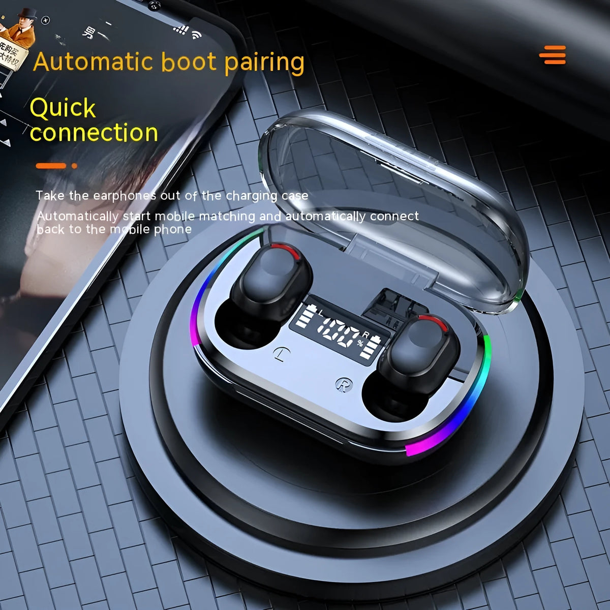 K10 Black in-ear Bluetooth headset with digital display, colourful breathing light and ABS earbuds
