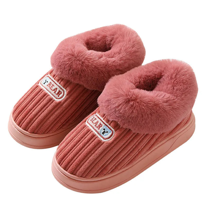 Winter warm house slippers with covered heel, cotton upper, artificial fur lining, and thick non-slip PVC sole in Coffee, Grey, Pink, and Wine Red.