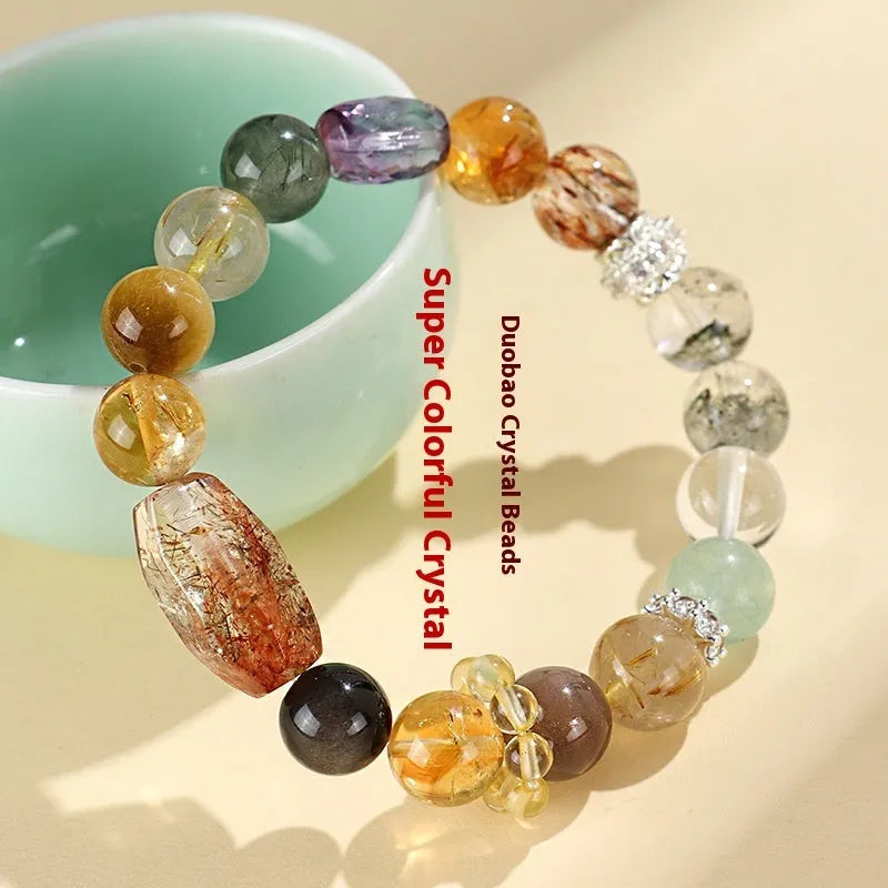 Natural crystal string bracelet with hand-beaded Duobao designs including black gold Super Seven style for women