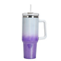 Large stainless steel vacuum flask in a gradient colour with lid, showing its height and diameter.