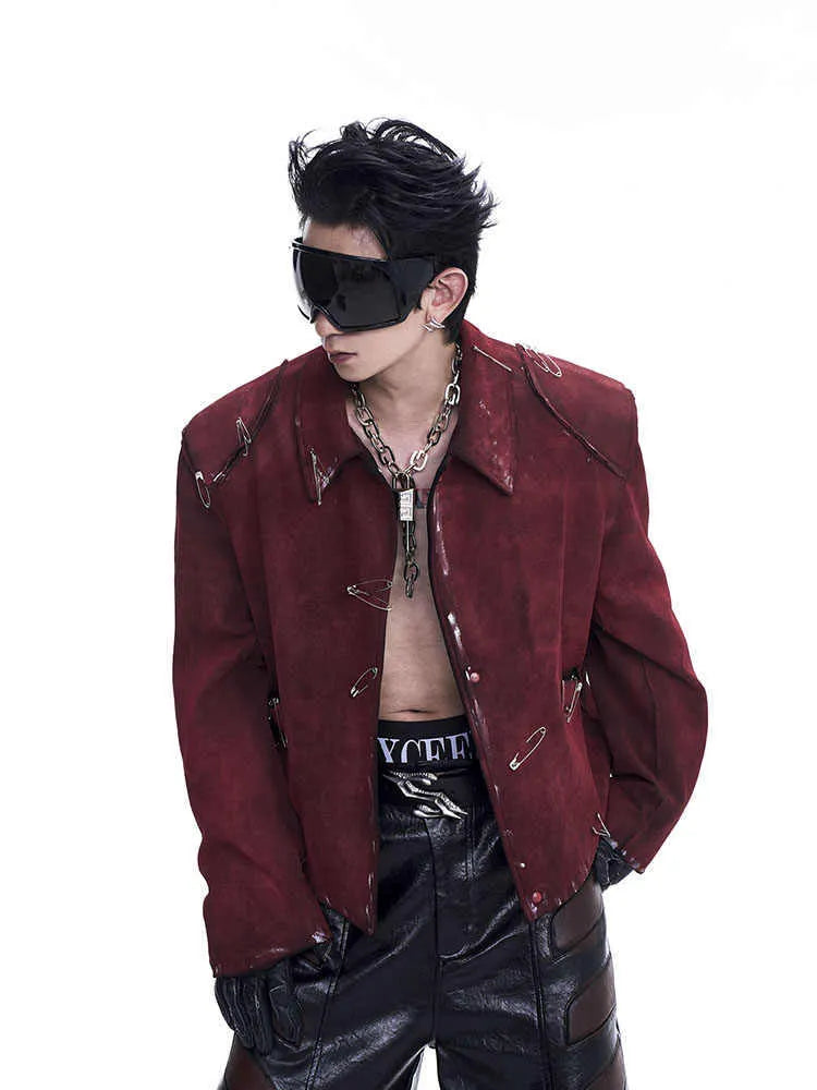 Red men's quilted jacket with decorative pin design and lapel collar, loose fit styling